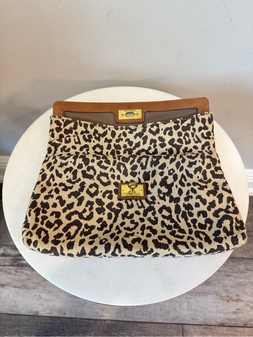 J. Crew Leopard Print Canvas Clutch with Brown Trim and Gold Hardware - Picture 3 of 10